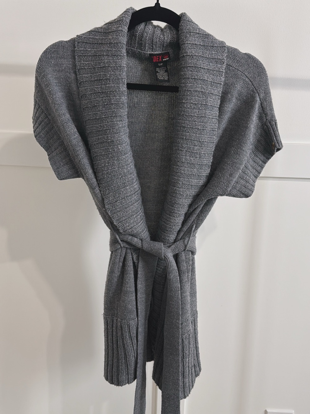 Dex Gray Short-Sleeve Shawl Collar Belted Cardigan